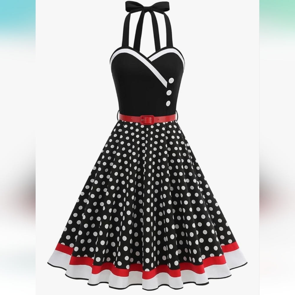 1950s Styled Black and White Polka Dot Dress with Red Accents